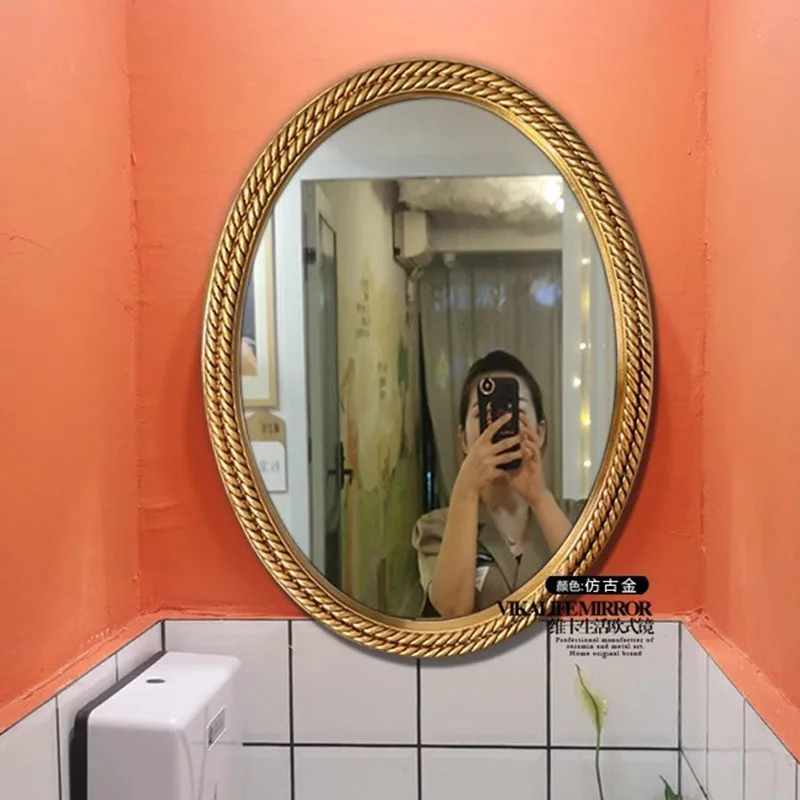 French Vintage Oval Ribbed Bathroom Wall Mirror with Golden Frame Luxury Decor Mirror for Modern Bathroom Vanity Decor
