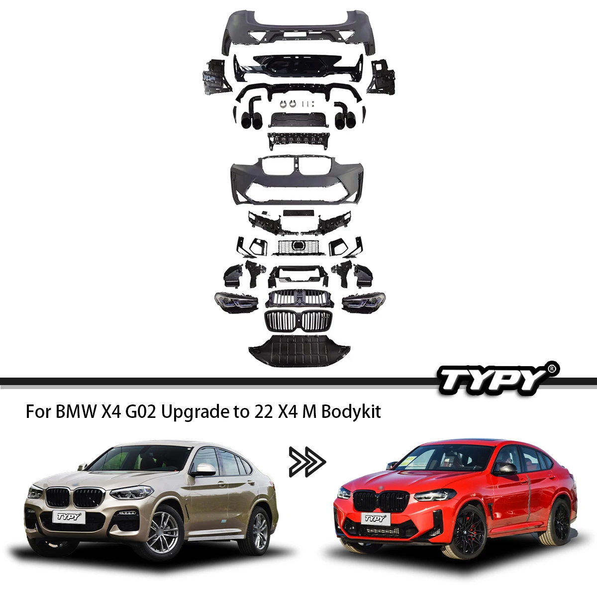 

Комплект кузова TYPY для BMW X4 G02, обновленный для X4M F98 LCI 22+ в 2018-2021, включая сборку переднего бампера, задняя губа, выхлопная система