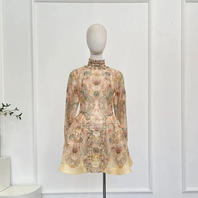 Damska sukienka jedwabna w kwiatowy wzór, sukienki midi ze stójką, długi rękaw, fioletowa vintage jesień nowość 2025