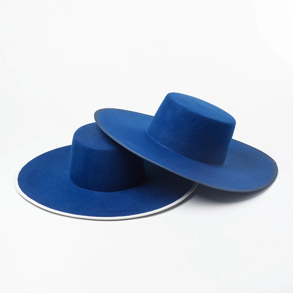 100% Wool Felt Wide Brim Boater Hat Extra Wide Blue Color Hat