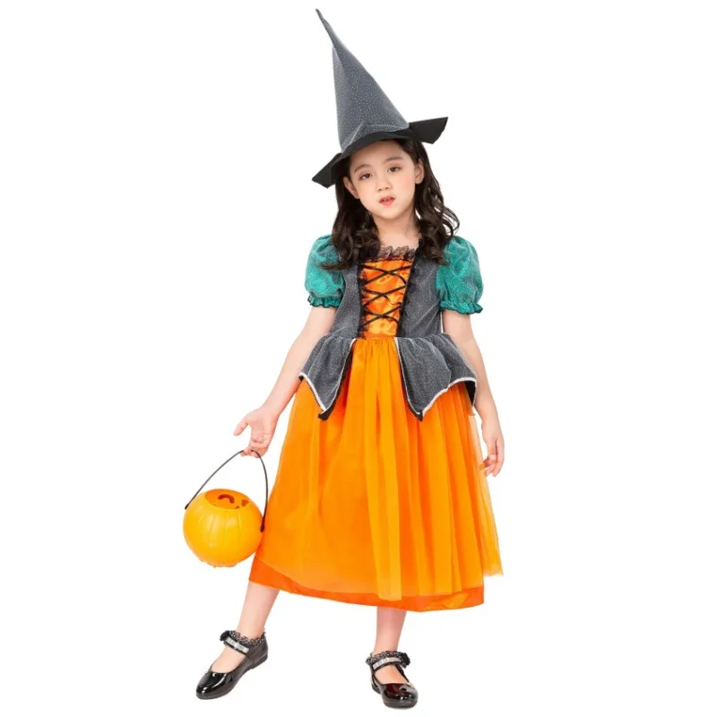 

Halloween Carnival Puff Sleeve Pumpkin Witch Orange Costume Festival Fancy Dress Party Uniform Cute Girl Cosplay Fashion Costume