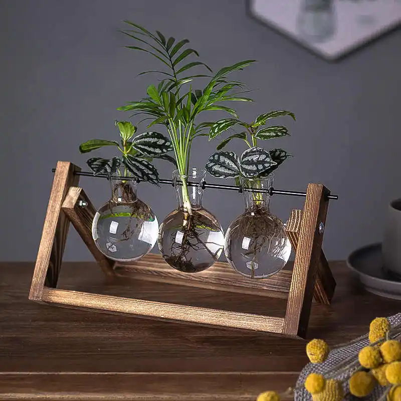 

Desktop Plant Propagation Glass Planter with Retro Wooden Stand Bulb Vases for Hydroponics Indoor Office Desk Home Decor