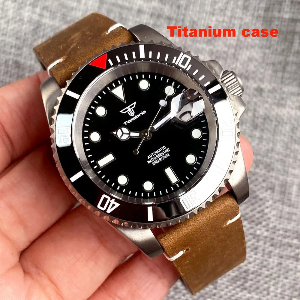 Titanium SUB Diver Automatic Watch Men NH35 PT5000 Movt Tandoorio Brand 200m Waterproof Wristwatch Leather Band Sapphire