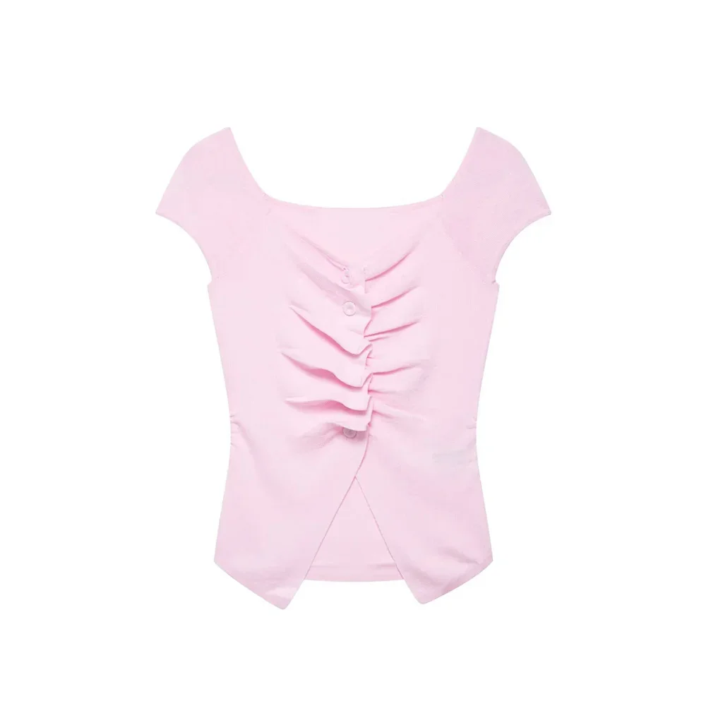 LIBIELIY LIBIELIY Women's Fashionable Pleated Decoration Round Neck Knitted Solid Color Temperament Summer New Top