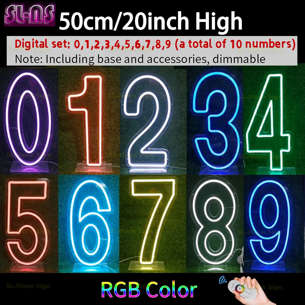 LED Sign Set Number 0-9 Neon Signs 50cm High Wall Decor LED Light Up Signs for First Birthday Decoration With Base and Dimming