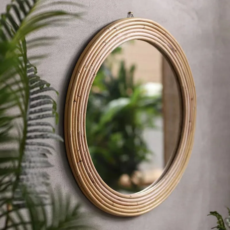 Imported rattan mirror bedroom rattan craft handmade makeup mirror simple retro wall hanging round mirror pastoral