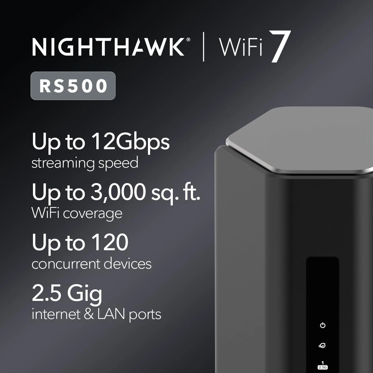 Nighthawk WiFi 7 Router (RS500) BE12000 12Gbps Wireless Speed – 2.5Gb Internet Port – Tri-Band Gigabit Gaming Router