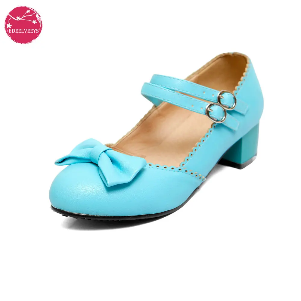 EDEELVEEYS Vintage Mary Janes Daily Party Ladies Shoes Lolita Bowtie Med Heels Pumps Women Plus Size 34-50 Purple Blue Pink