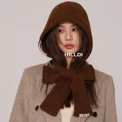 Knitted Beanie Hat for Women Winter Hooded Hat Neck Collar Long Scarf Cap 2 in 1 Beanies Large Balaclava Female