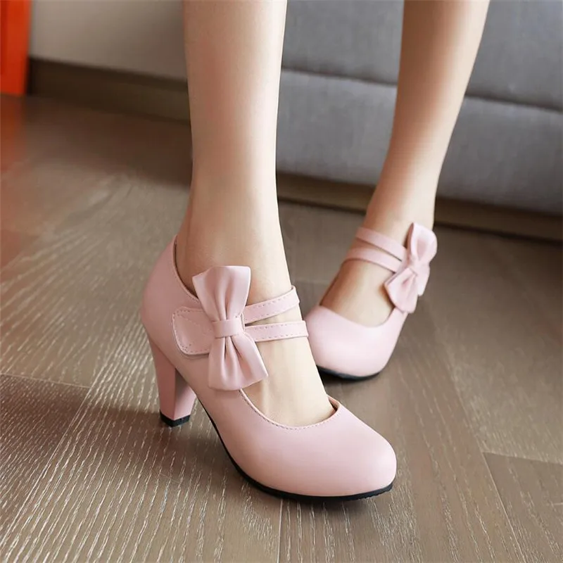Fashion Women's Shoes Mary Jane Girls Shoes Bow High Heels Shallow Mouth Round Toe Women's Party Wedding Shoes Plus Size 33-48