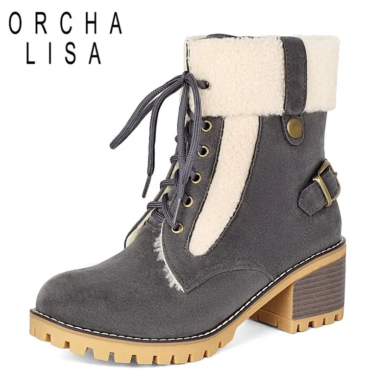 ORCHA LISA Winter Snow Boots Round Toe 6cm Chunky Heel Lace Up Flock Suede Belt Buckle Plus Size 44 45 46 Warm Ankle Botas Gray