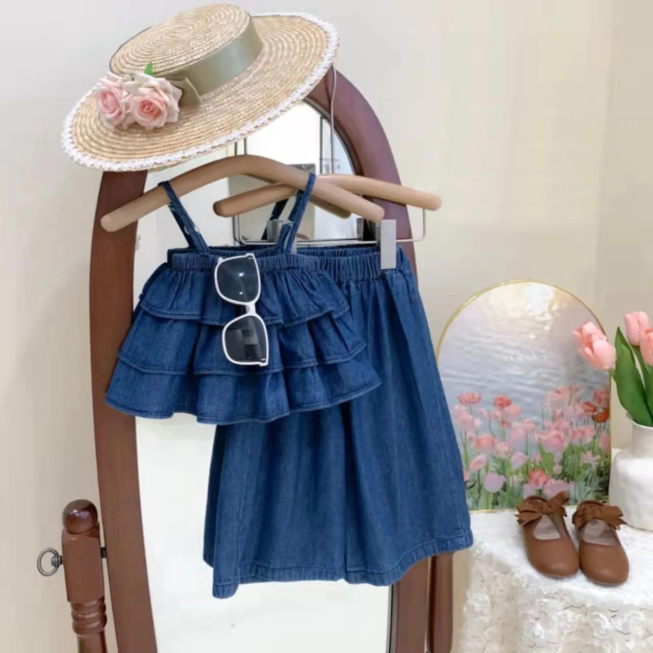 Childrens Sets Clothing Summer Girl Lotus Leaf Edge Cowboy Baby Camisole Causal Time Wide Leg Pants Two Pieces 2024 Korean