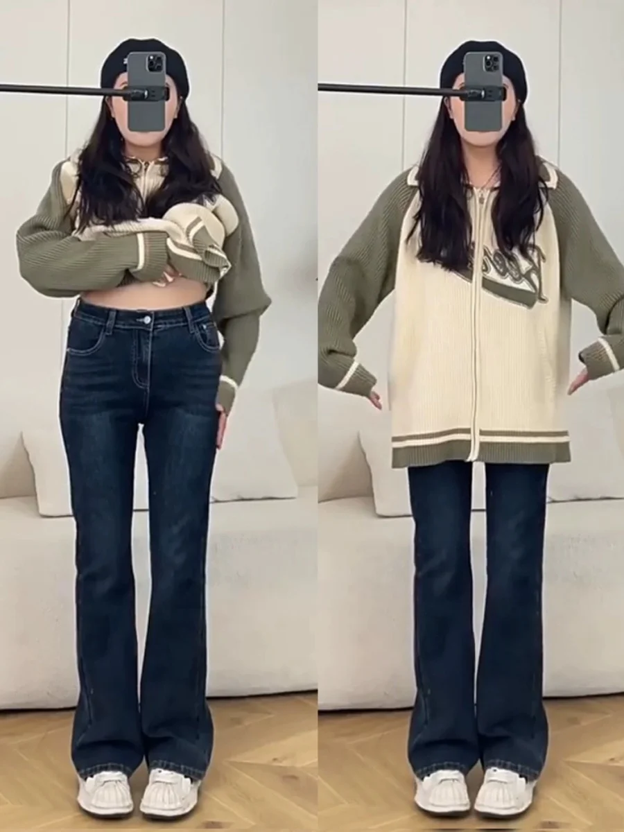 

Джинсы-клеш Deep Blue с высокой талией для женщин больших размеров, моделирующие фигуру, весна 2024, модные, из хлопкового стрейч-денима