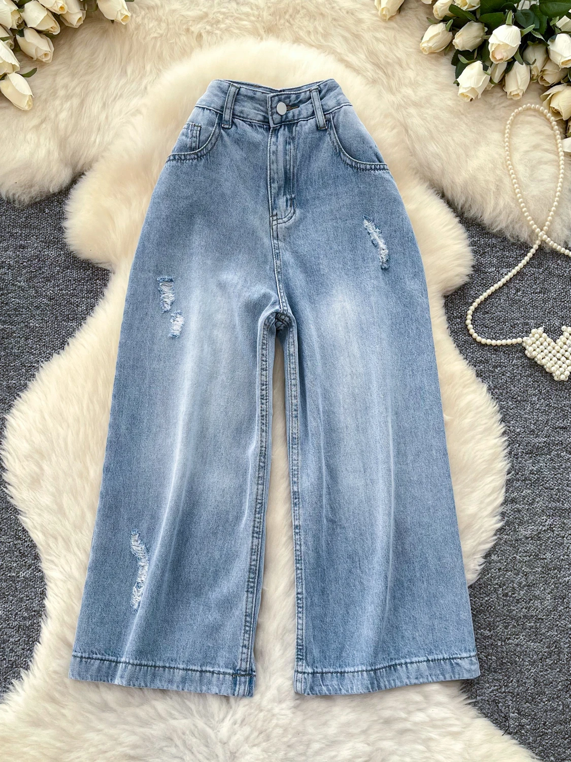 

High Waist Ripped Wide Leg Denim Jeans Women's Casual Vintage Style Spring Loose Fit Seven Feet Pants Deep Color