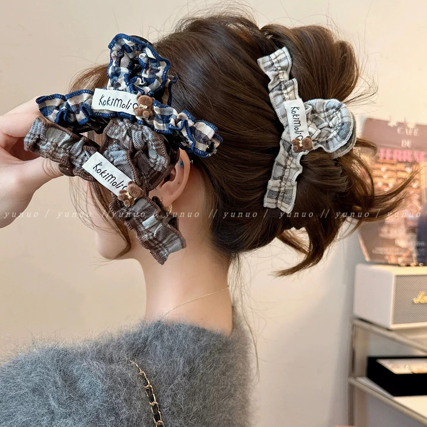1 STÜCK Herbst/Winter-Haarspange im College-Stil mit Karomuster, hochwertiger Hai-Clip für die Rückseite des Kopfes, süßes Haar-Accessoire