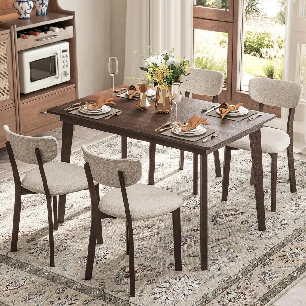 Dining Table Set for 4, Dinette Set with Table and 4 Padded Seat, Rubber Wood Legs, Curved Backrest, Mid-Century Modern Kitchen