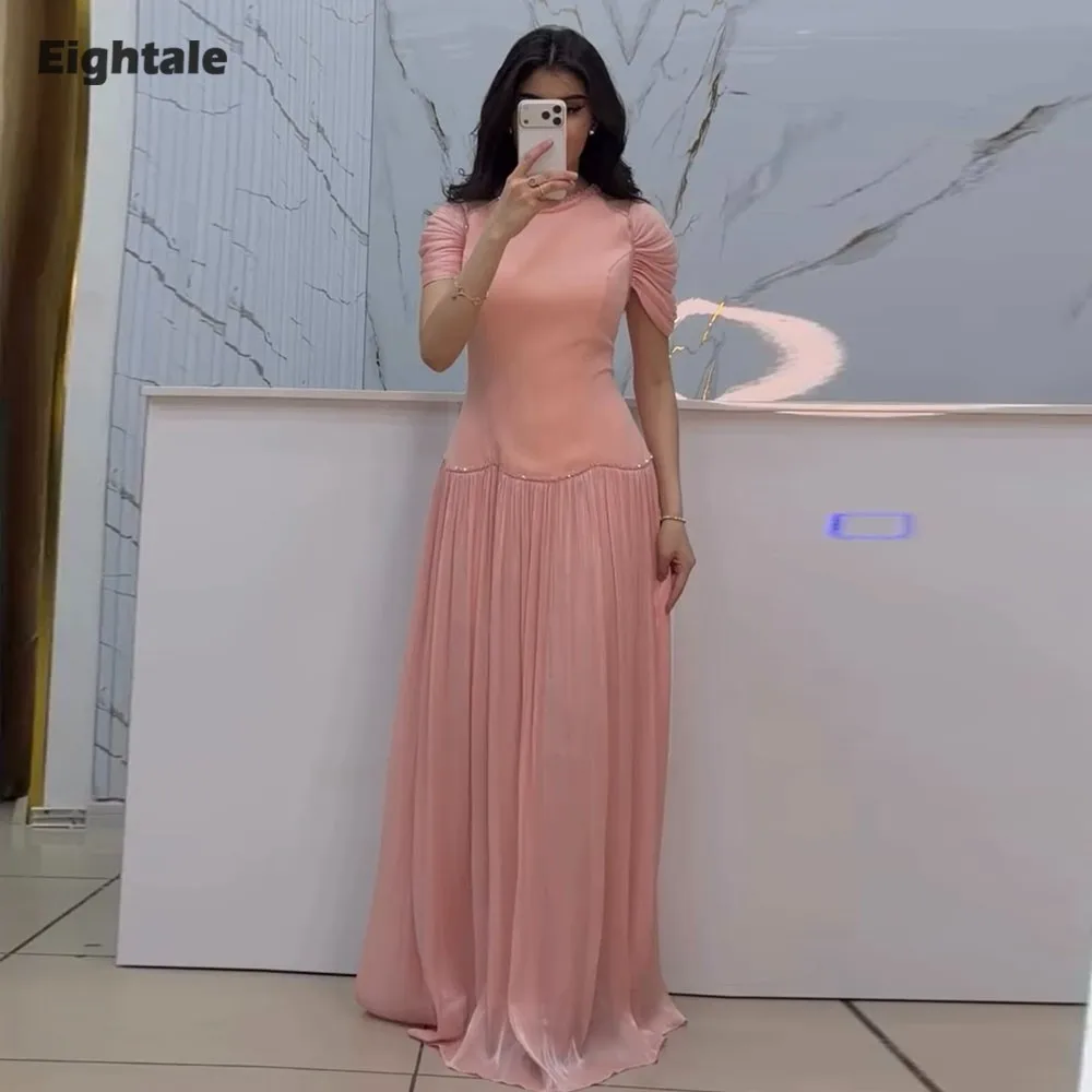 

Eightale Arabic Evening Dress O-Neck Beaded Crepe Customized Floor Length Cap Sleeves Pleats Prom Wedding Party Gown
