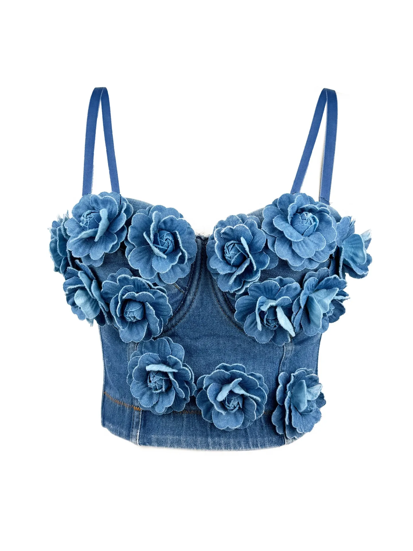 New Denim Corset Bustier Women Three-dimensional 3D Flowers Hand-made Short Top Vest Sexy Bra Push-up Party Night Club 4D921