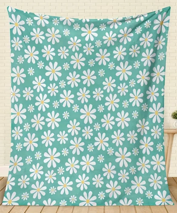 1pc Fashion Mint Green Daisy Flower Print Blanket Throw Blanket Air Conditioner Blanket Gift