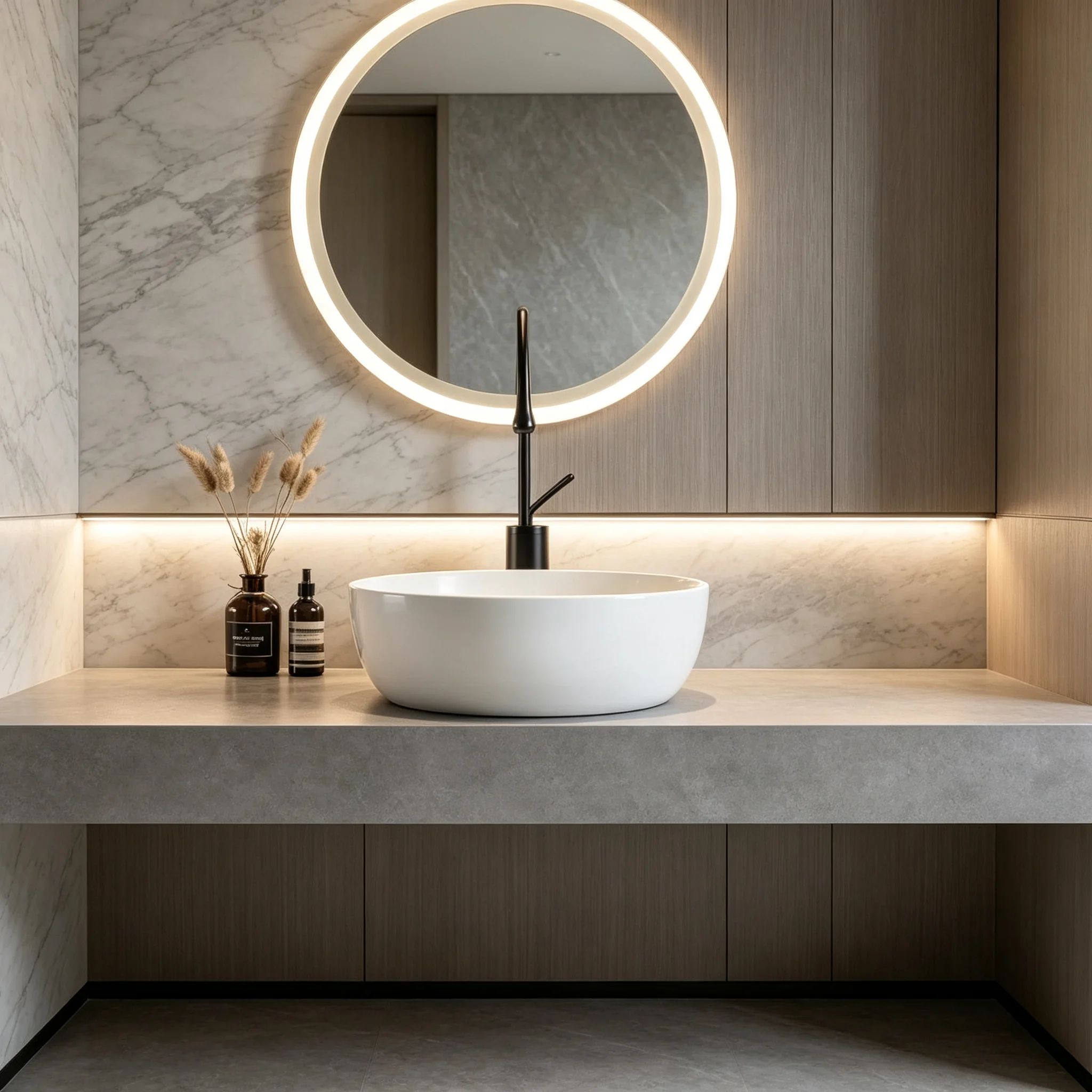 Ceramic Round Sink for Bathroom Vanity - White Above Counter Art Basin with Silver Faucet and Drain