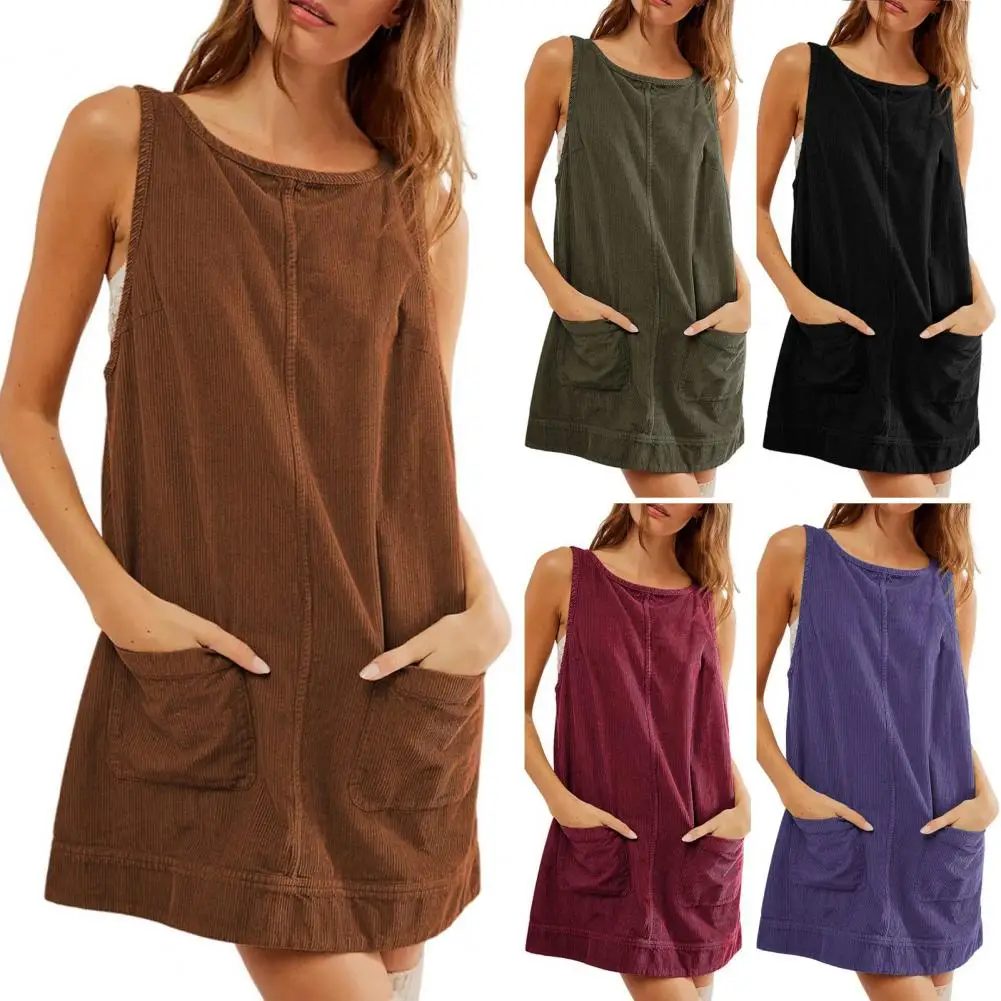 

Women Dress With Pockets Sleeveless Oversized A-line Pure Color Backless Above Knee Length Lady Work Party Mini Dress 비치웨어