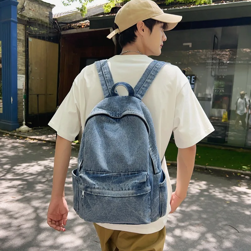 Washed Denim Backpack Vintage Distressed Large Capacity Multi Compartment Casual Rucksack For Men Women Students Commute