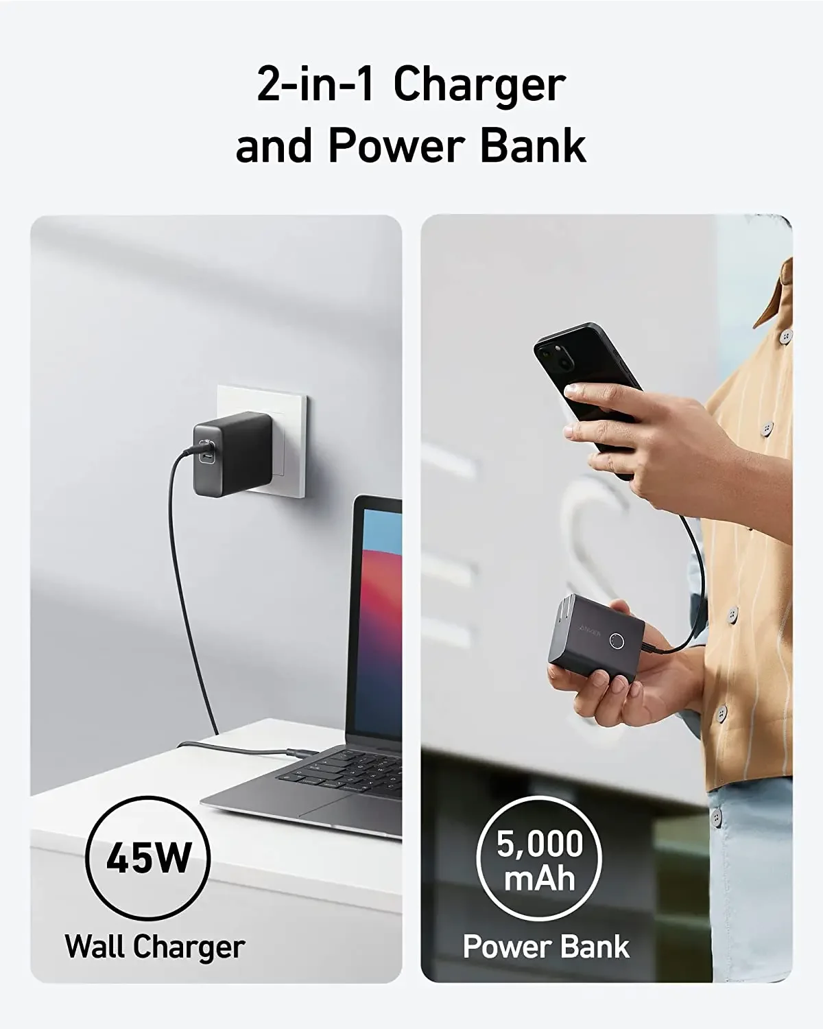 Carregador de parede original brandnewAnk·er 45W com 5000mAh 20W Carregador portátil 521 Power Bank Dual-Port USB-C para i·Phone