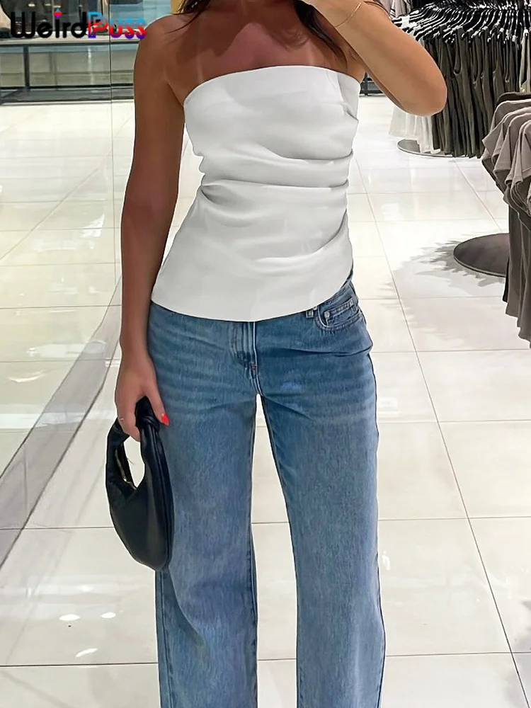Weird Puss Irregular Strapless Top Woman Hottie Ruffles Summer Solid Sexy Casual Simple Wild  Trend Streetwear Party Skinny Vest image 2
