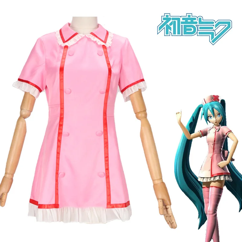 アニメ-vocaloid-ミクコスプレピンクナースドレス女性制服帽子靴下付きハロウィンパーティー衣装