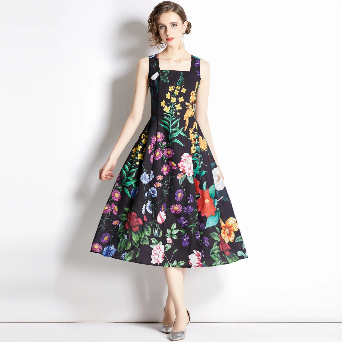Vintage High Waist Spaghetti Strap Dress for Women Slash Neck Off Shoulder Bow Backless Floral Print Midi Long Party Vestidos
