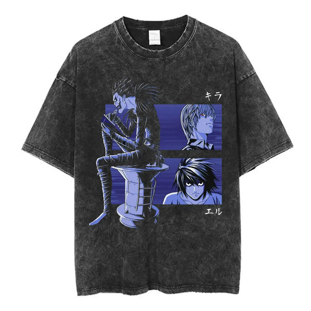 Vintage Washed Anime Death Note L·Lawliet Yagami Light T Shirt Men's Women Clothing Cotton Oversized Short Sleeve T-shirts Tops
