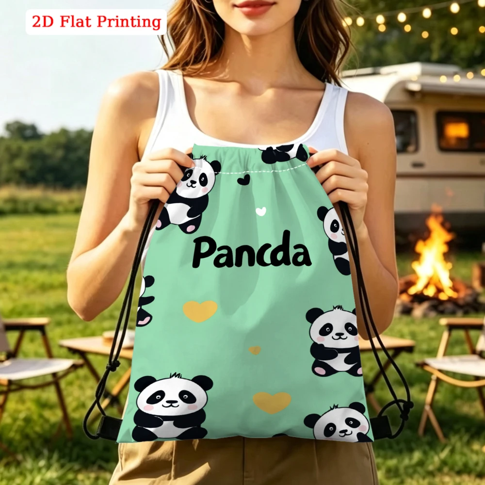Cartoon Style Panda & Hearts 2D Flat Print Drawstring Backpack for Gym Sports Outdoor Travel