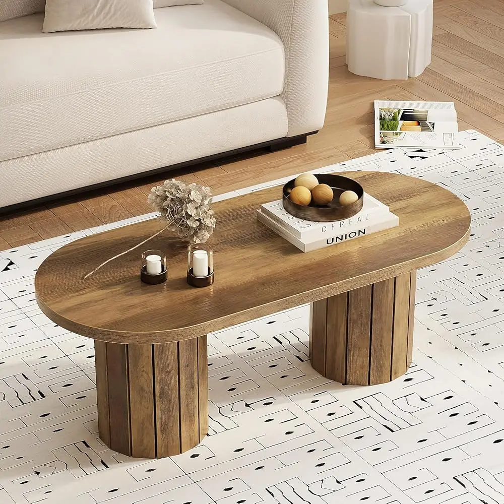 

Овальный журнальный столик, 43,3 дюйма, деревянный журнальный столик в стиле фермерского дома с рифлеными ножками, акцентный центральный столик в стиле середины века для гостиной