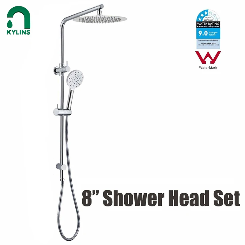 KYLINS Rain Shower Head Easy To Install WELS Chrome Round Twin 8'' SUS304 Shower Head Handheld Wall Arm Sliding Rail SetBathroom