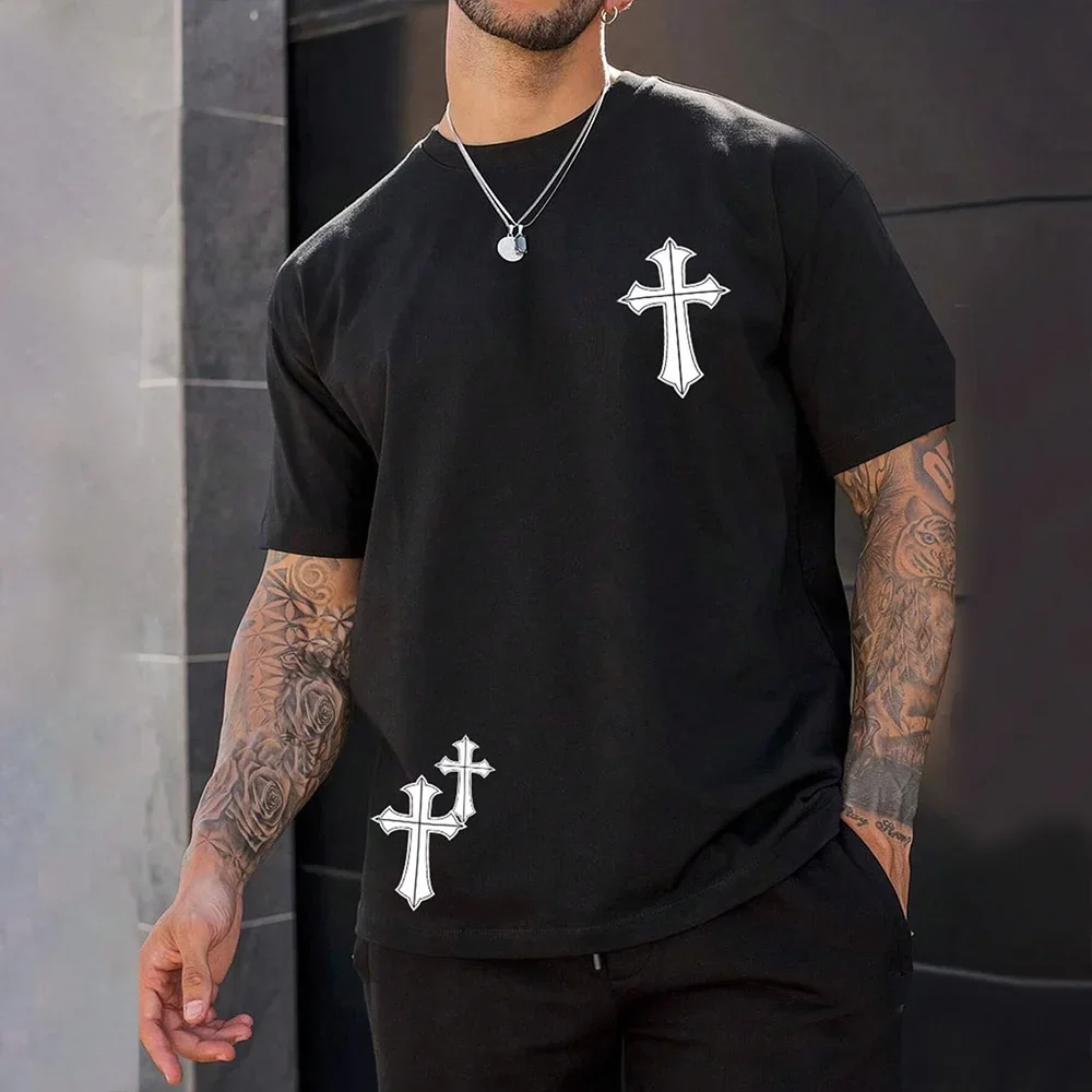 

Fashion hip-hop street cross personality print T-shirt 2025 Casual men's clothing 100% pure cotton loose breathable top