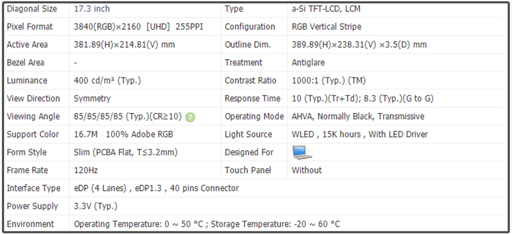 B173ZAN03.3 17.3 Inch LCD Screen IPS Slim Panel UHD 3840x2160 EDP 40pins Non-touch 400 cd/m² 120Hz Antiglare