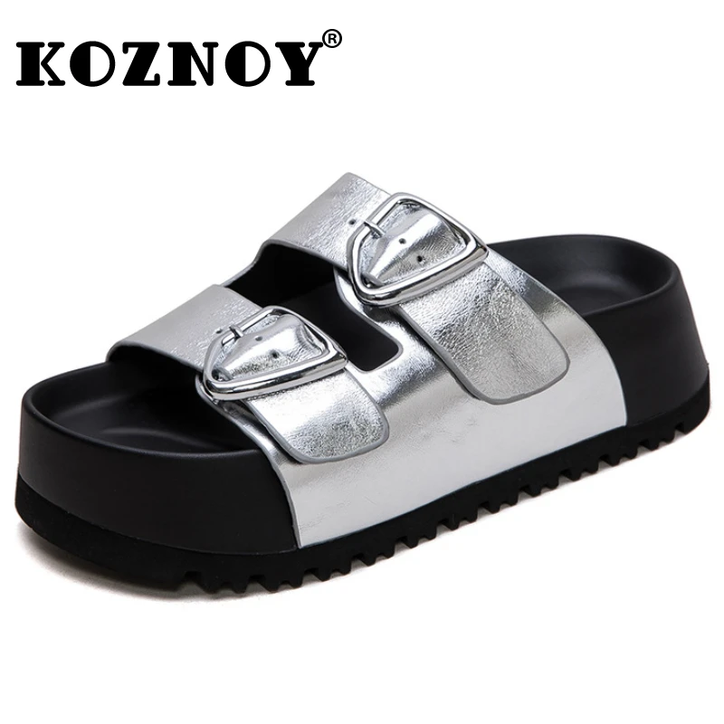 

Koznoy 5.5cm Cow Genuine Leather Fashion Mary Jane Peep Toe Summer Ankle Booties Round Summer Sandals Platform Wedge Women Shoes