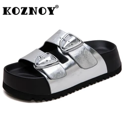 Koznoy 5.5cm bydlęca prawdziwa skóra moda Mary Jane Peep Toe letnia botki okrągła letnie klapki platforma koturna damskie buty