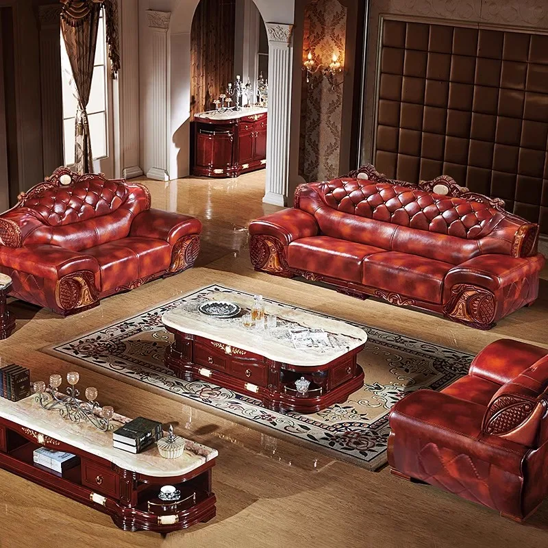 

Family Lounge Living Room Sofa Genuine Leather Solid Wood Living Room Sofa Comfortable Elegant Sofa Sala De Estar Furnitures