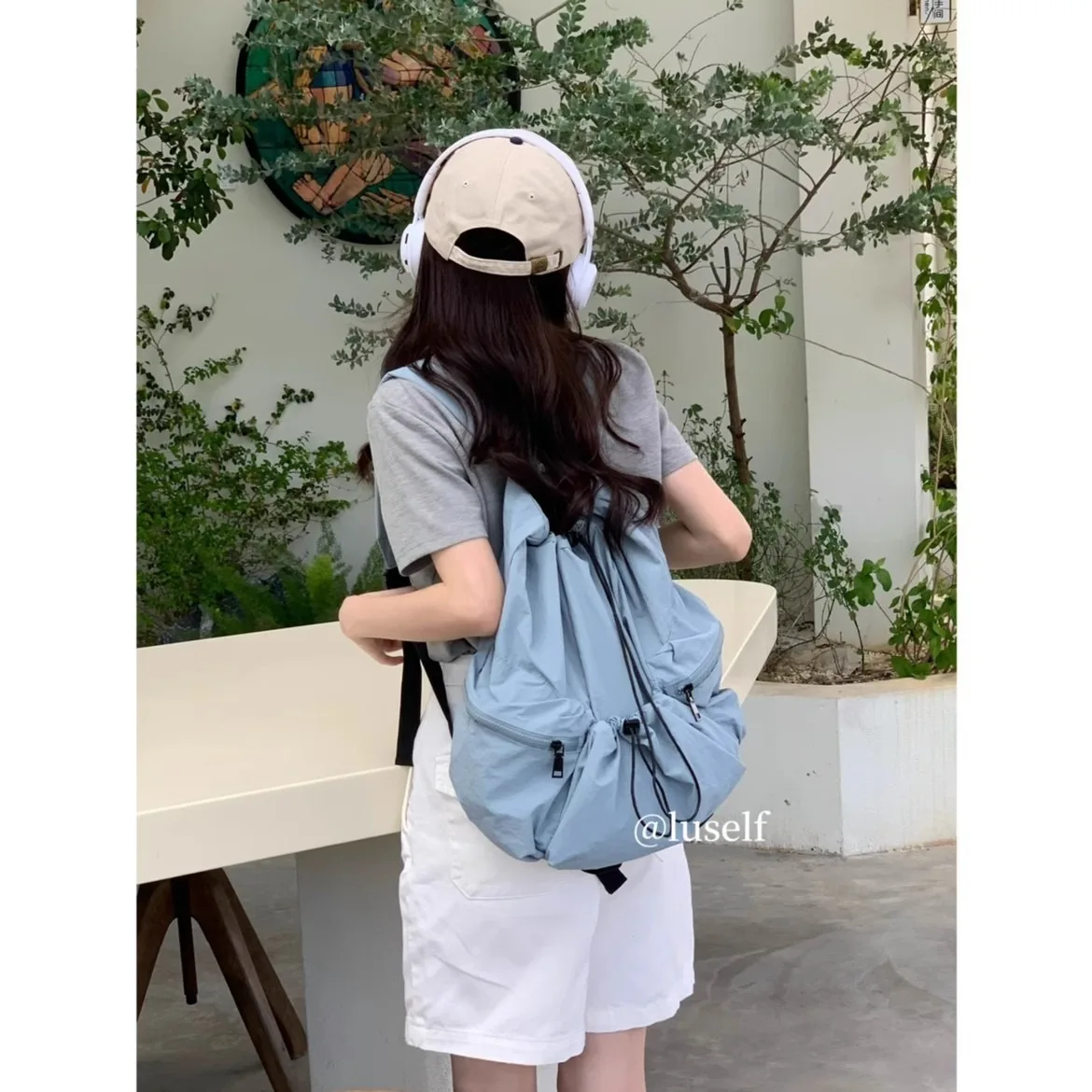 

Korean Style Drawstring Backpacks Large Capacity Tote Bag Light Soft Nylon Bag Solid Color Niche Design Shoulder Bag Outdoor