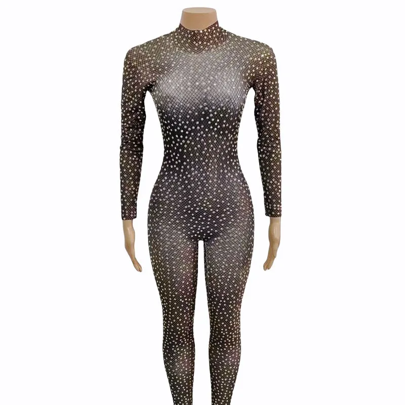 Full Rhinestones Jumpsuit Women Elastic Long Sleeve Crystal Rompers Sexy Party Rave Outfit Nightclub Bar Stage Wear