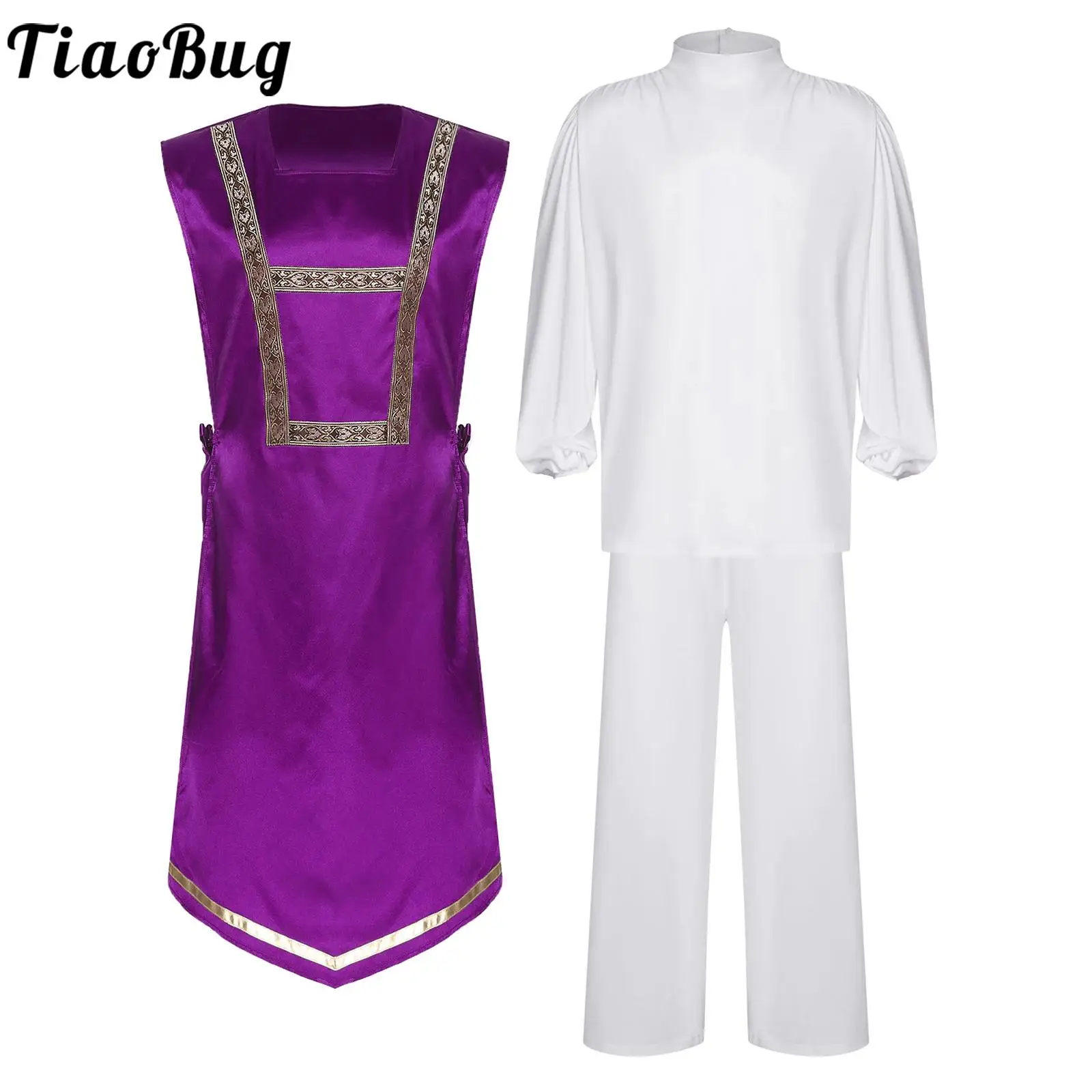 

Men Liturgical Worship Outfit Long Sleeve Shirt Side Lace-up Tunic Vest And Wide Leg Pants Set for Lyrical Praise Church Outfits