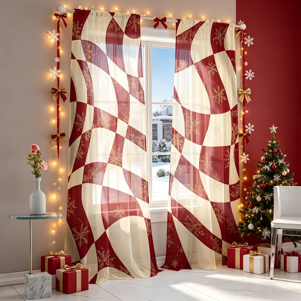 2PCS Sheer Curtains, Wine Red Cream Twisted Plaid Print, Bedroom Living Room Window Drapes, Rod Pocket Polyester, Home Decor