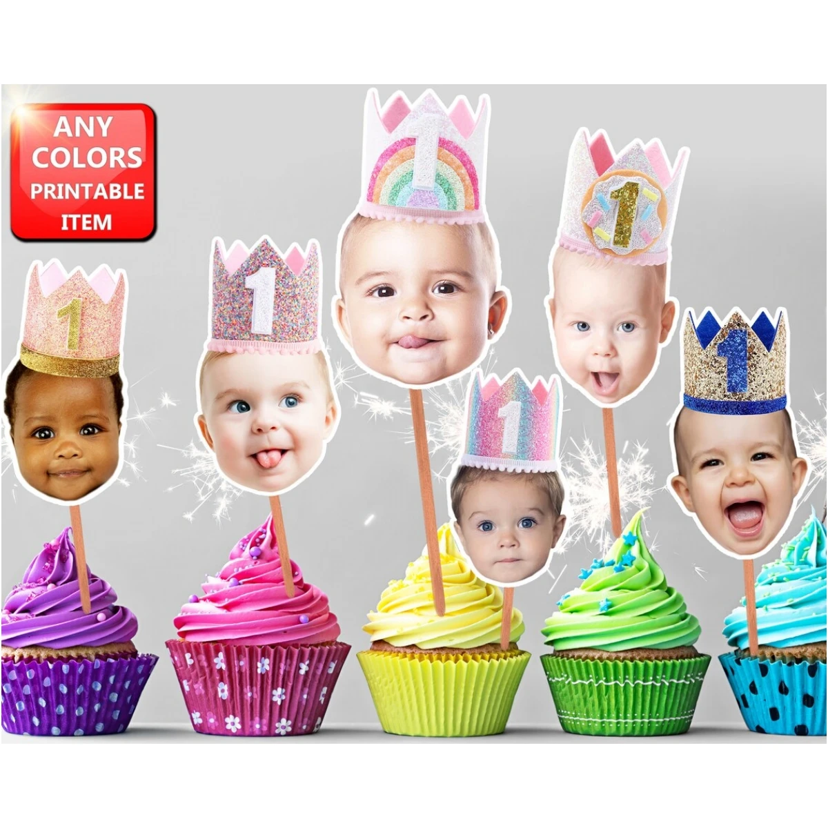 

King Face Cupcake Toppers 1st Birthday Crown Cupcake Toppers Crown Princess Face Cupcake Toppers for Baby Girl Baby Boy baby bir