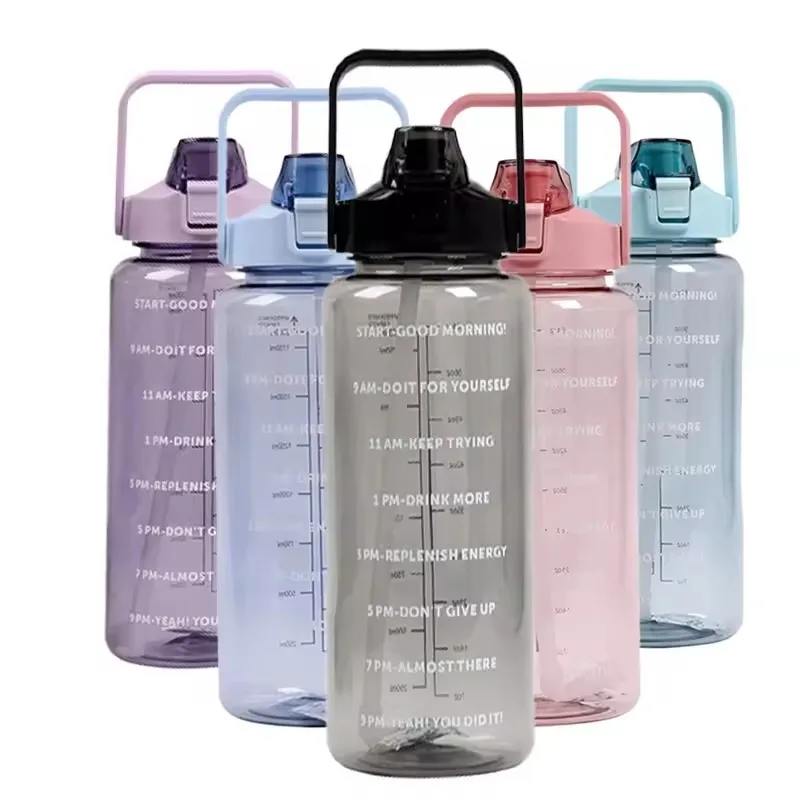 Botella de agua de 2 litros con marcador de tiempo de paja, botella de beber deportiva de viaje al aire libre para niños y niñas, taza de plástico de verano, Termos Kawaii