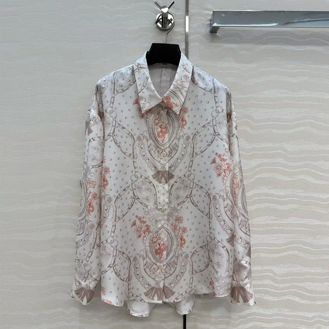 

Высококачественная женская свободная блузка из 100% шелка с отложным воротником, длинными рукавами, винтажным розовым цветочным принтом и цепочками, элегантная повседневная модель