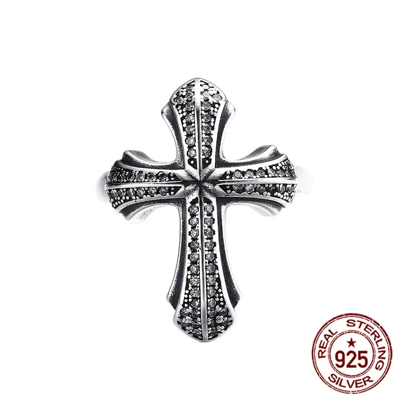 

S925 pure silver ring with exquisite craftsmanship Personalized simplicity Zircon cross shaped retro opening design Trendy