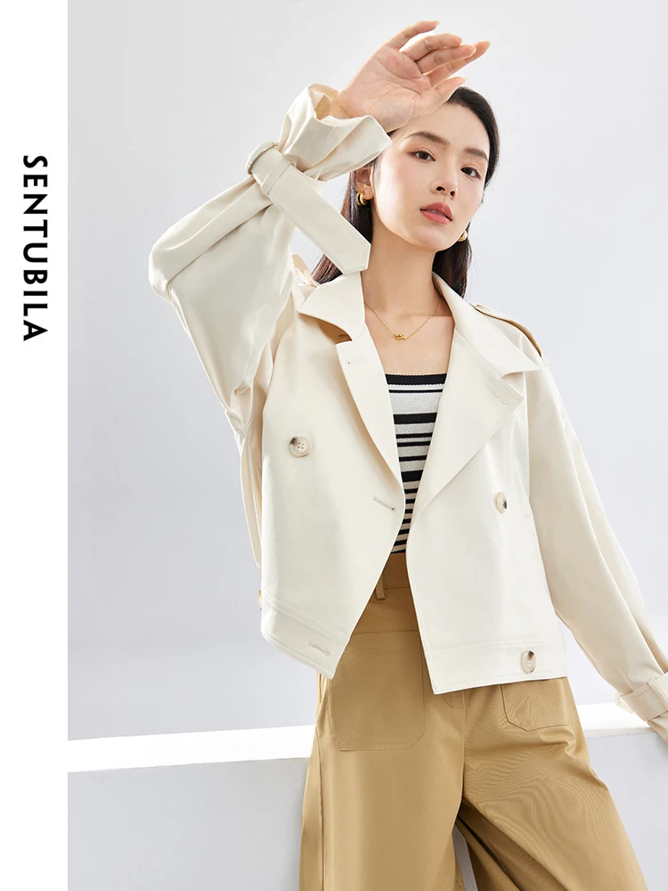 

SENTUBILA Lapel Double Breasted Cropped Trench Coat 2024 Spring Simple Apricot Loose Windproof Jacket Outerwear Woman 141F52904