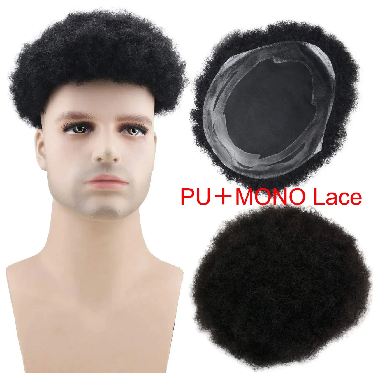 Eseewig Pria Rambut Palsu Afro Keriting 10X8 Inci Pengganti PU dan Rambut Palsu Renda MONO untuk Pria 100% Warna Rambut Manusia Remy 1B #