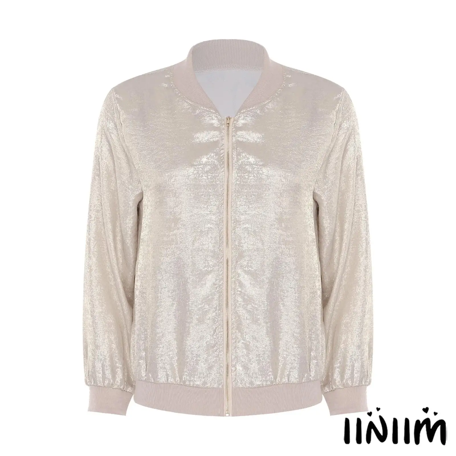 

Womens Iridescent Metallic Baseball Jacket Long Sleeve Front Zipper Ribbed Trim Bomber Coat Outerwear for Daily Casual Wear